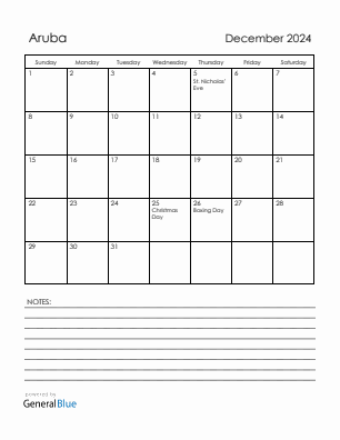 Current month calendar with Aruba holidays for December 2024