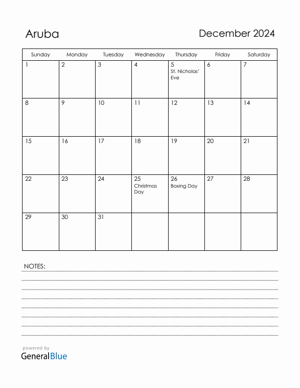 December 2024 Aruba Calendar with Holidays (Sunday Start)