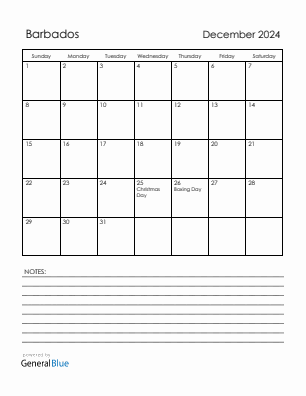 Current month calendar with Barbados holidays for December 2024