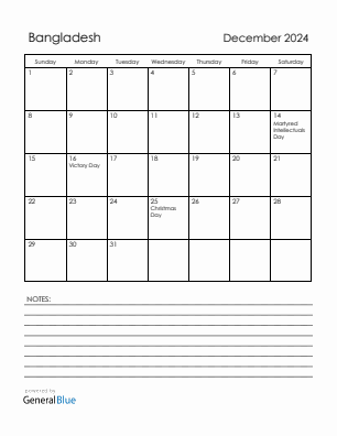 Current month calendar with Bangladesh holidays for December 2024