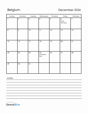 Current month calendar with Belgium holidays for December 2024