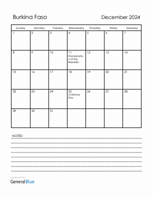 Current month calendar with Burkina Faso holidays for December 2024
