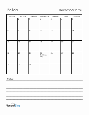 Current month calendar with Bolivia holidays for December 2024