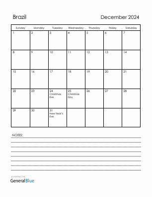 Current month calendar with Brazil holidays for December 2024