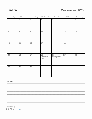 Current month calendar with Belize holidays for December 2024