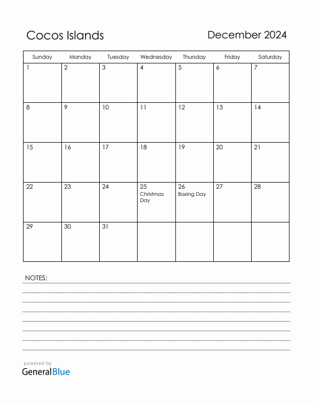 December 2024 Cocos Islands Calendar with Holidays (Sunday Start)