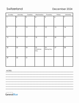Current month calendar with Switzerland holidays for December 2024