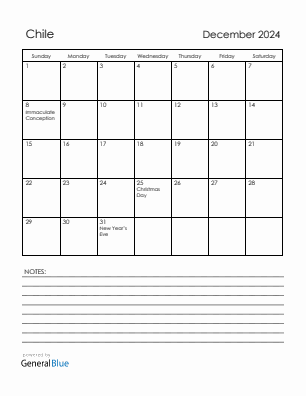 Current month calendar with Chile holidays for December 2024