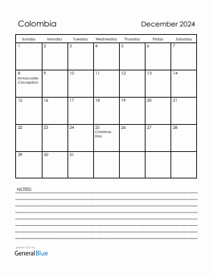 Current month calendar with Colombia holidays for December 2024