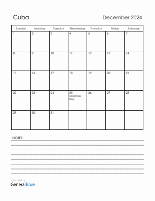 Current month calendar with Cuba holidays for December 2024