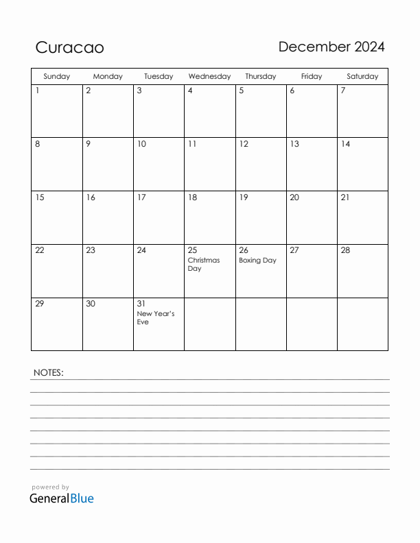 December 2024 Curacao Calendar with Holidays (Sunday Start)