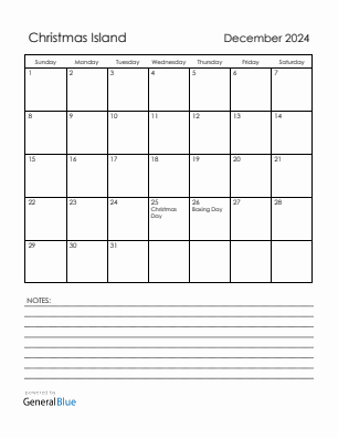 Current month calendar with Christmas Island holidays for December 2024