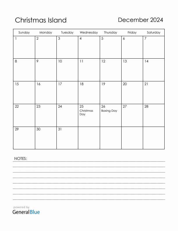December 2024 Christmas Island Calendar with Holidays (Sunday Start)