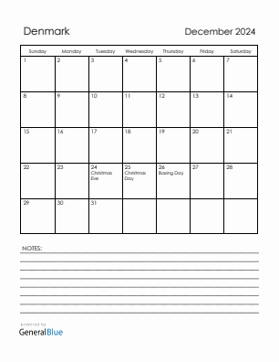 Current month calendar with Denmark holidays for December 2024