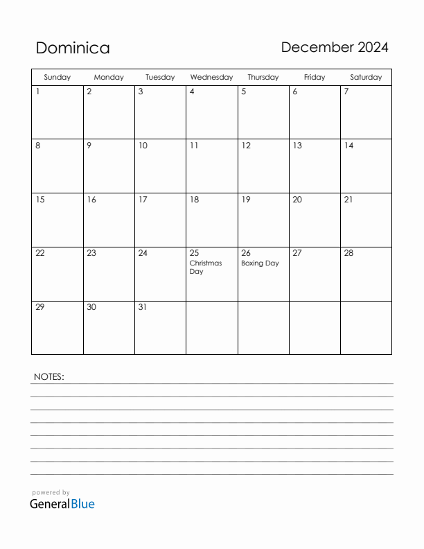 December 2024 Dominica Calendar with Holidays (Sunday Start)
