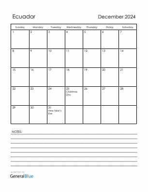 Current month calendar with Ecuador holidays for December 2024