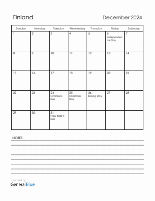 Current month calendar with Finland holidays for December 2024