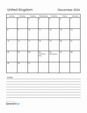 Current month calendar with United Kingdom holidays for December 2024