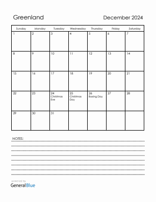 Current month calendar with Greenland holidays for December 2024