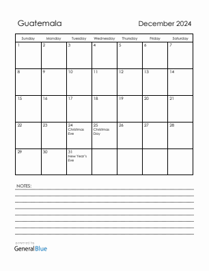 Current month calendar with Guatemala holidays for December 2024