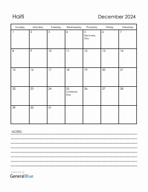 Current month calendar with Haiti holidays for December 2024