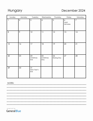Current month calendar with Hungary holidays for December 2024
