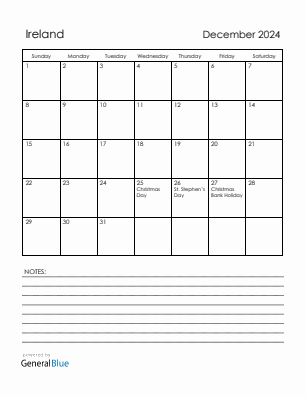Current month calendar with Ireland holidays for December 2024