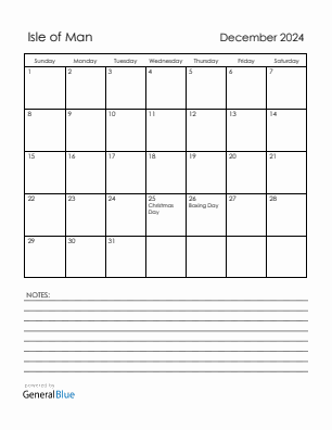 Current month calendar with Isle of Man holidays for December 2024