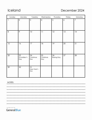 Current month calendar with Iceland holidays for December 2024