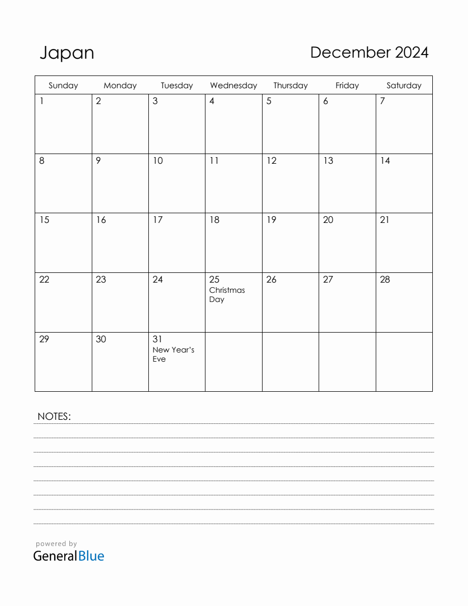 December 2024 Japan Calendar with Holidays