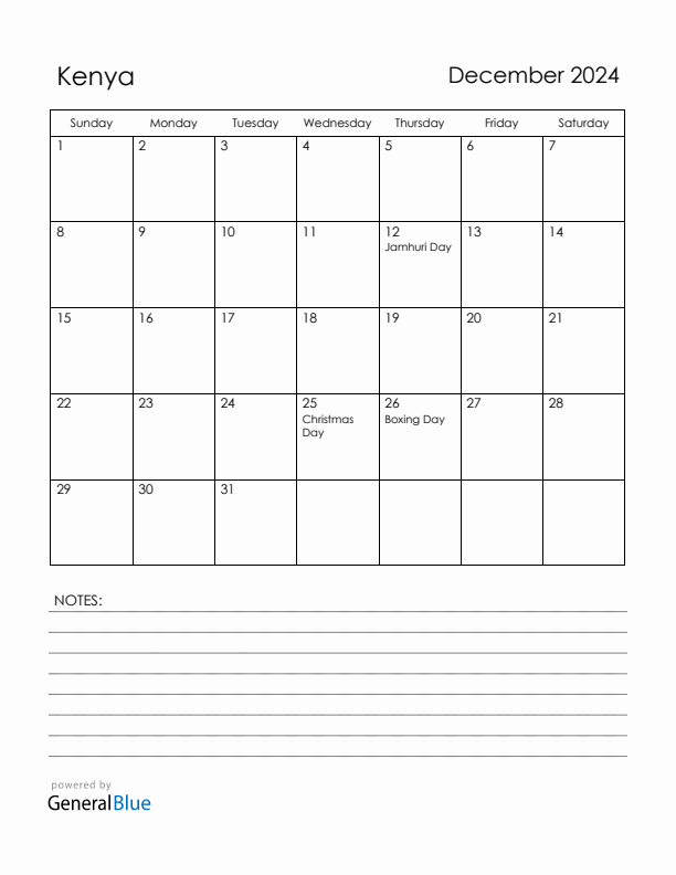 December 2024 Kenya Calendar with Holidays (Sunday Start)