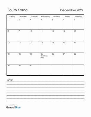 Current month calendar with South Korea holidays for December 2024