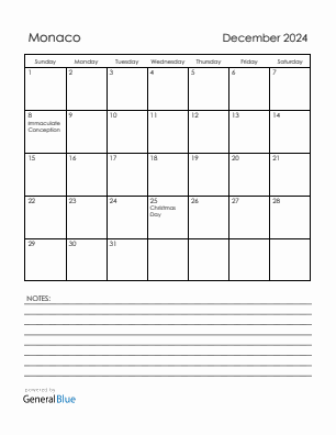 Current month calendar with Monaco holidays for December 2024