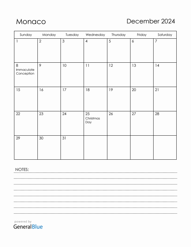 December 2024 Monaco Calendar with Holidays (Sunday Start)