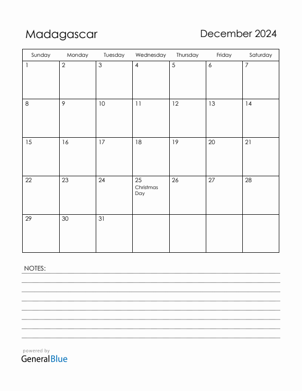 December 2024 Madagascar Calendar with Holidays (Sunday Start)