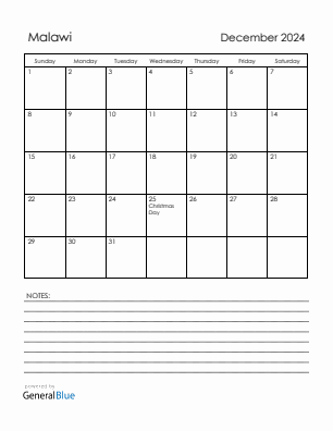 Current month calendar with Malawi holidays for December 2024