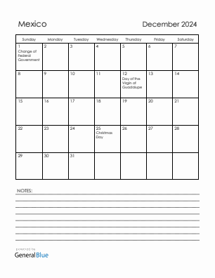 Current month calendar with Mexico holidays for December 2024