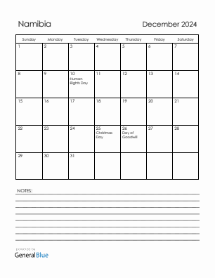 Current month calendar with Namibia holidays for December 2024