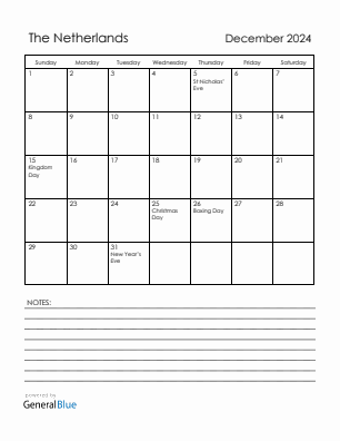 Current month calendar with The Netherlands holidays for December 2024