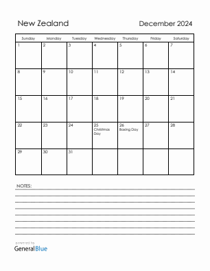 Current month calendar with New Zealand holidays for December 2024