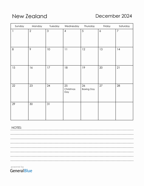 December 2024 New Zealand Calendar with Holidays (Sunday Start)