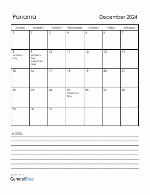 Current month calendar with Panama holidays for December 2024