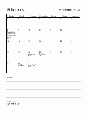 Current month calendar with Philippines holidays for December 2024