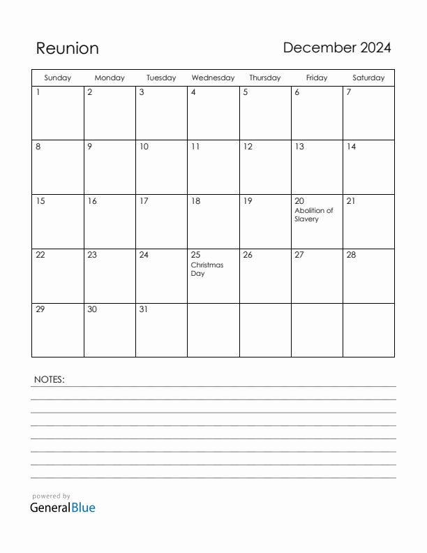 December 2024 Reunion Calendar with Holidays (Sunday Start)