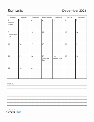 Current month calendar with Romania holidays for December 2024
