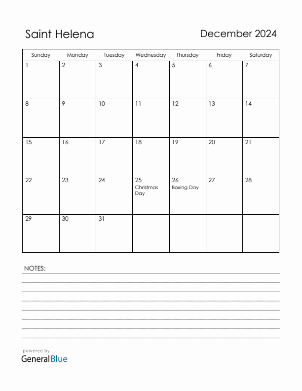 December 2024 Saint Helena Calendar with Holidays (Sunday Start)
