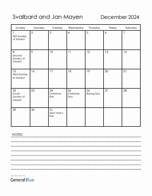 Current month calendar with Svalbard and Jan Mayen holidays for December 2024