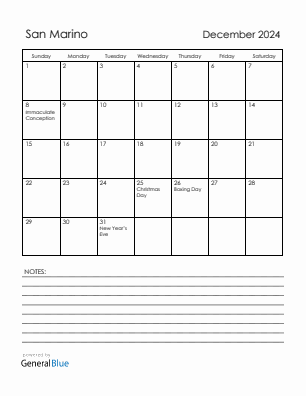 Current month calendar with San Marino holidays for December 2024