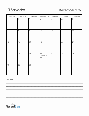 Current month calendar with El Salvador holidays for December 2024