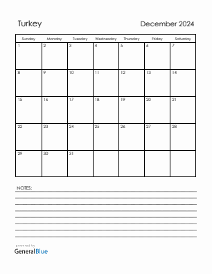 Current month calendar with Turkey holidays for December 2024